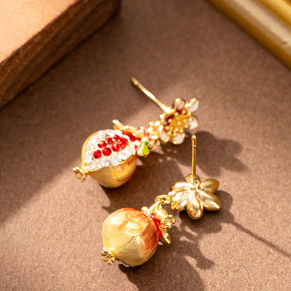 Garnet Flower Enamel Earrings With Rhinestones For Women