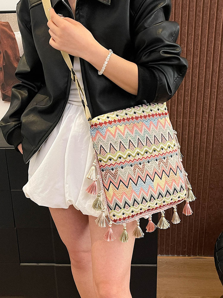 Boho Style Shoulder Bag with Fringe - Canvas Tote