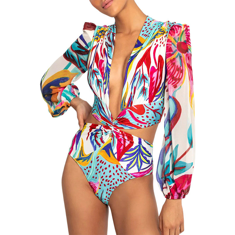 One-Piece Long-Sleeved Bikini Deep V High-Waist Openwork Swimsuit Woman
