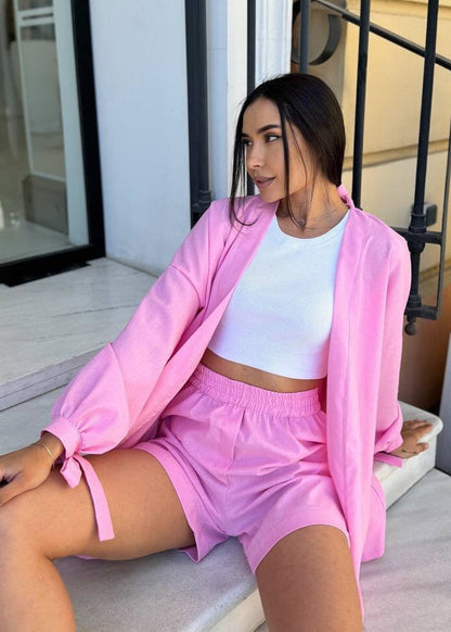 Linen Wrap Front Set With Belted Shirt And Shorts