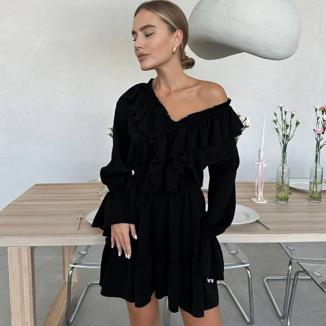 V-Neck Flounce Solid Color Mini Dress