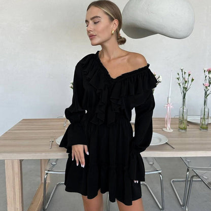 V-Neck Flounce Solid Color Mini Dress