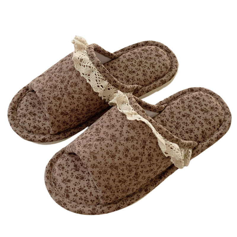 Vintage Floral Print Lace Trim Slippers