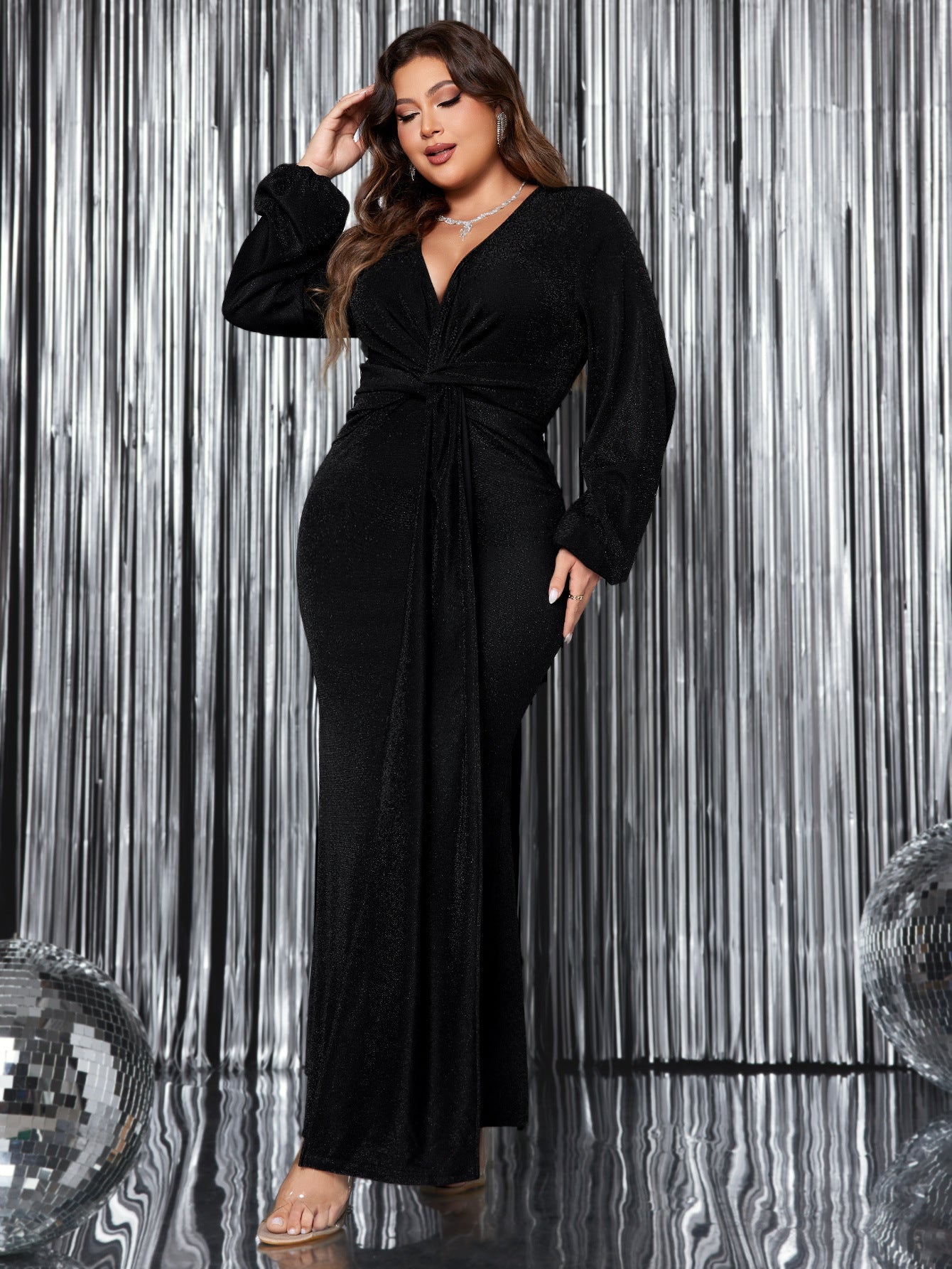 V-Neck Long Sleeve Evening Dress Elegant Mermaid Maxi Dress