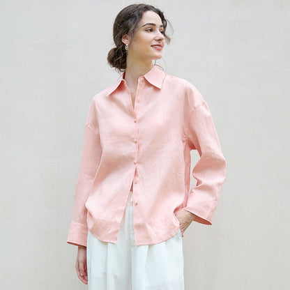 Pink Linen Relaxed Fit Long Sleeve Shirt for Elegant Casual Wear