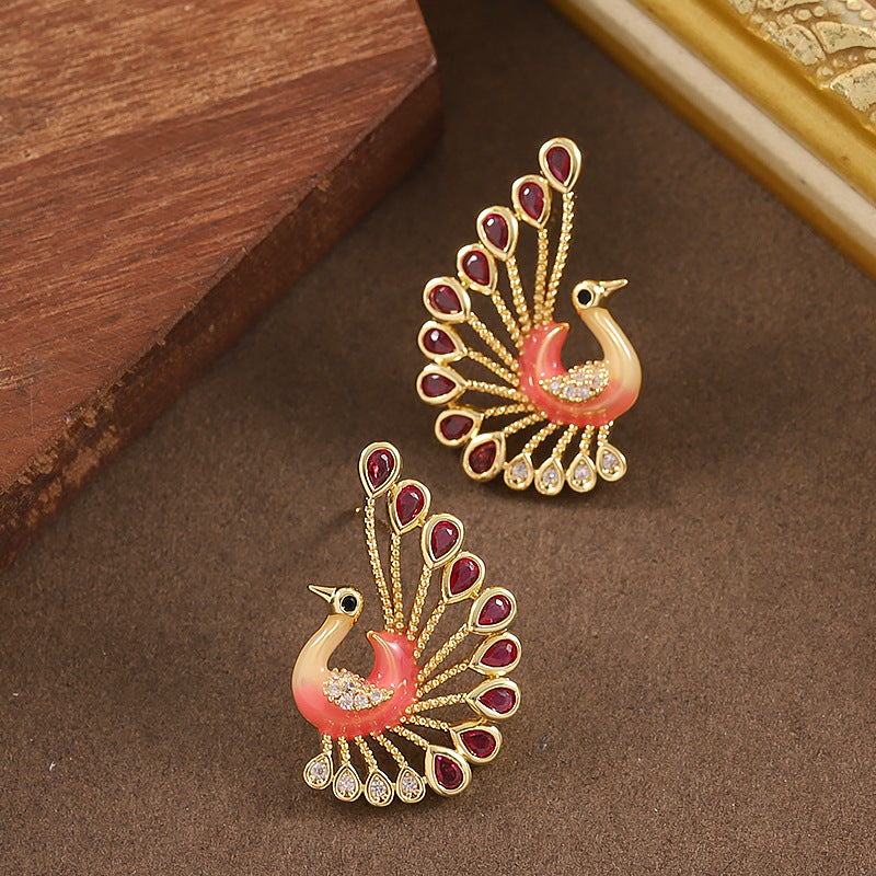 Elegant Peacock Drop Earrings With Crystal Accents