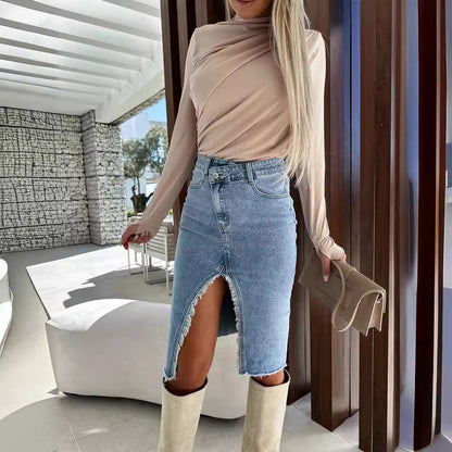 Fashionable Solid Color Denim Bodycon Skirt