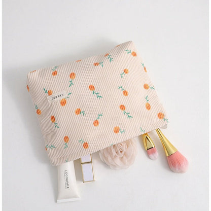 Floral Sreipe Corduroy Portable Cosmetic Bag