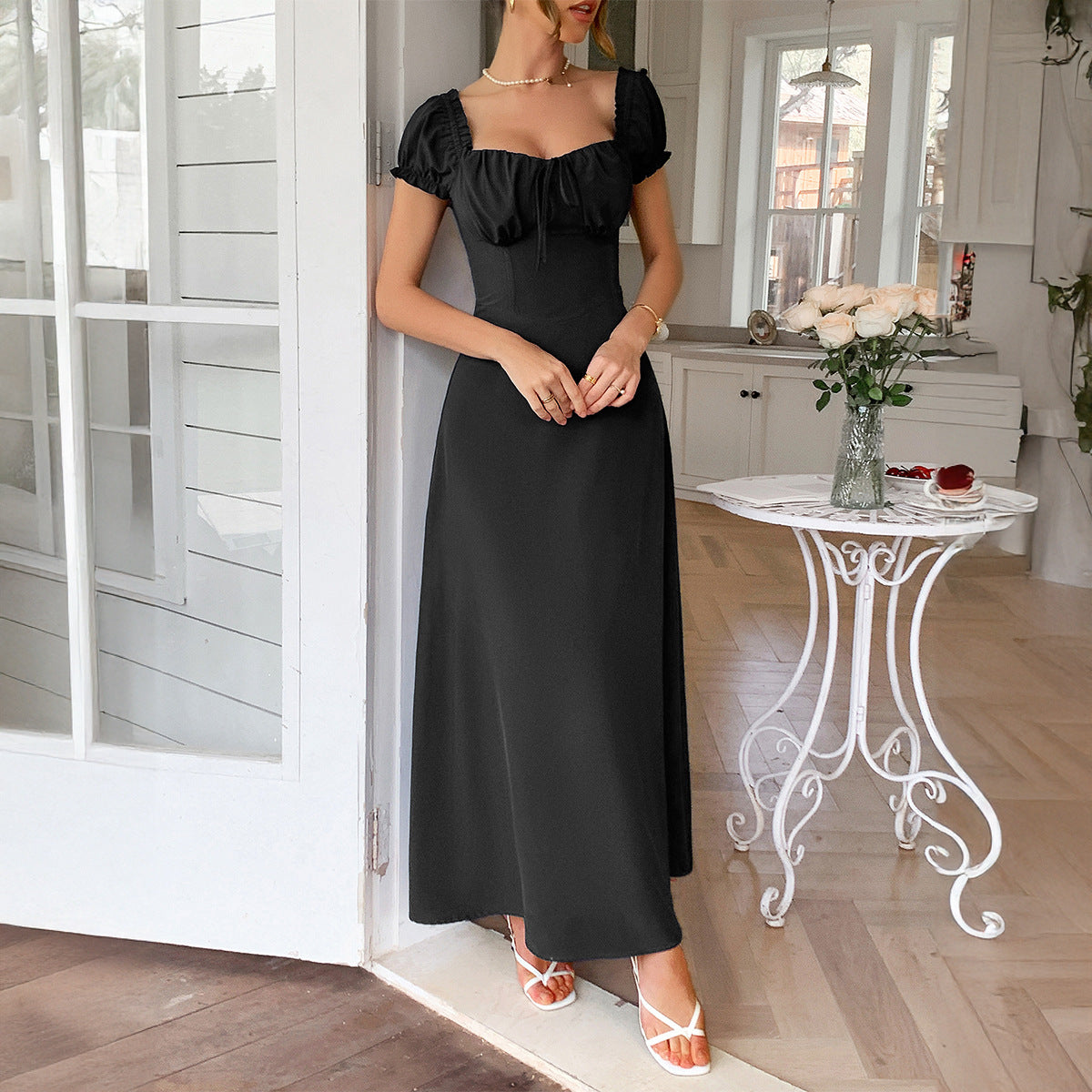 Elegant One-Shoulder Long Dress with Short Sleeves
