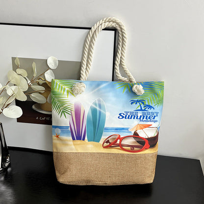 Large Capacity Digital Print Linen Beach Bag for Women
