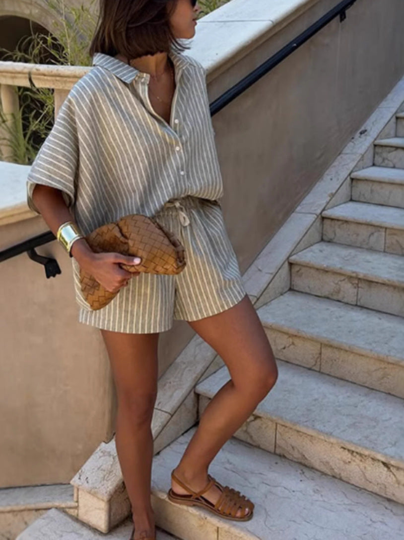 Striped Linen Shirt and Pocket Shorts Set for Women
