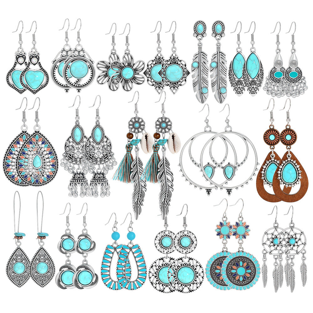 Bohemian Style Turquoise Earrings Set Oval Tassel Dangle Jewelry