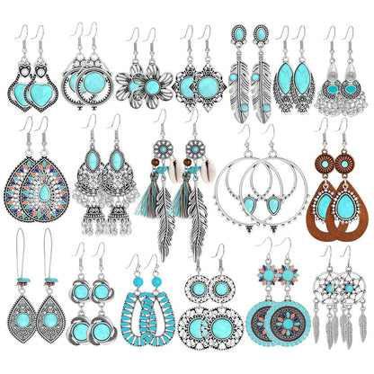 Bohemian Style Turquoise Earrings Set Oval Tassel Dangle Jewelry