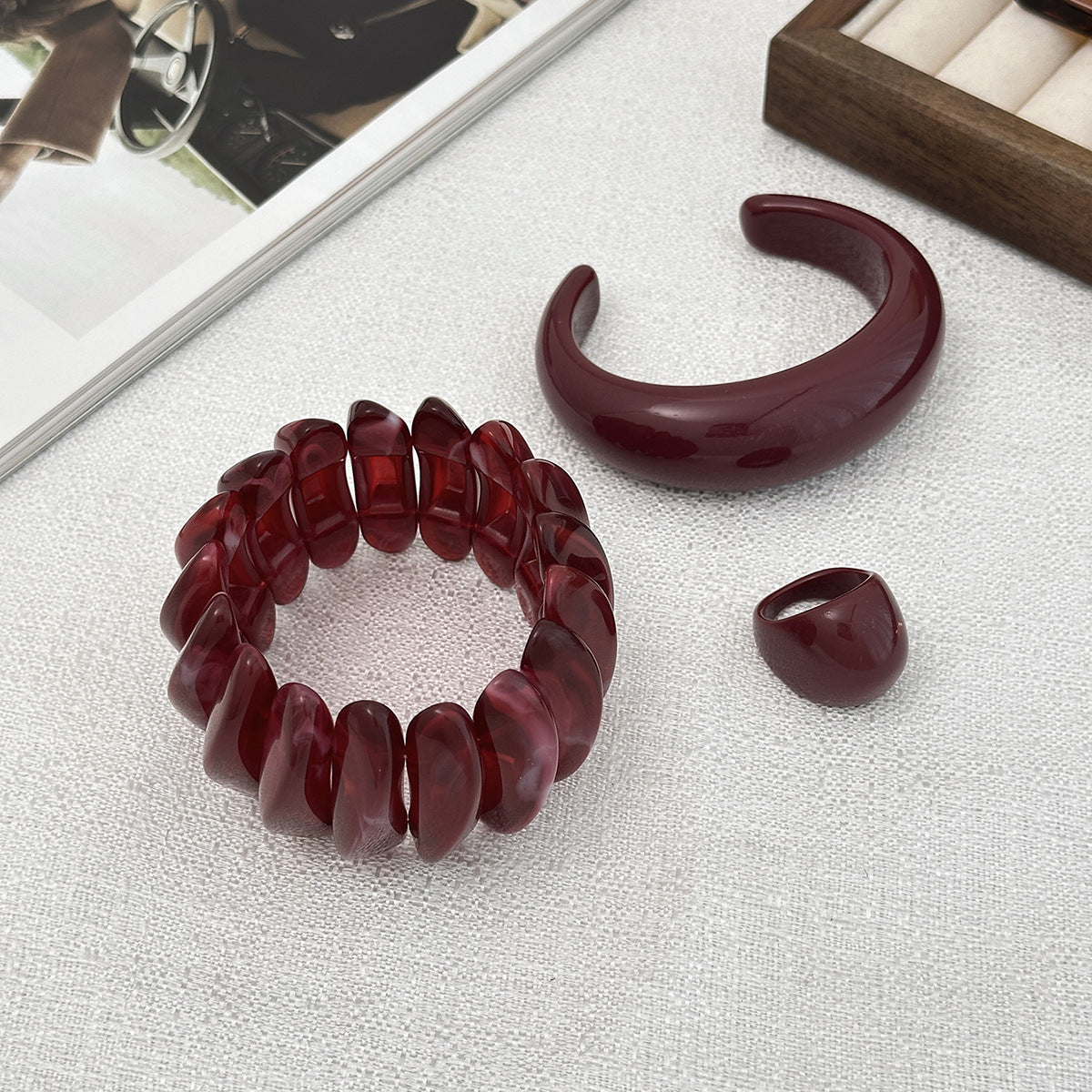 Burgundy Geometric Resin Cuff Bracelet Vintage Art Style