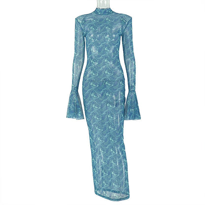 Elegant Vintage Bodycon Dress With Round Neck And Long Sleeves