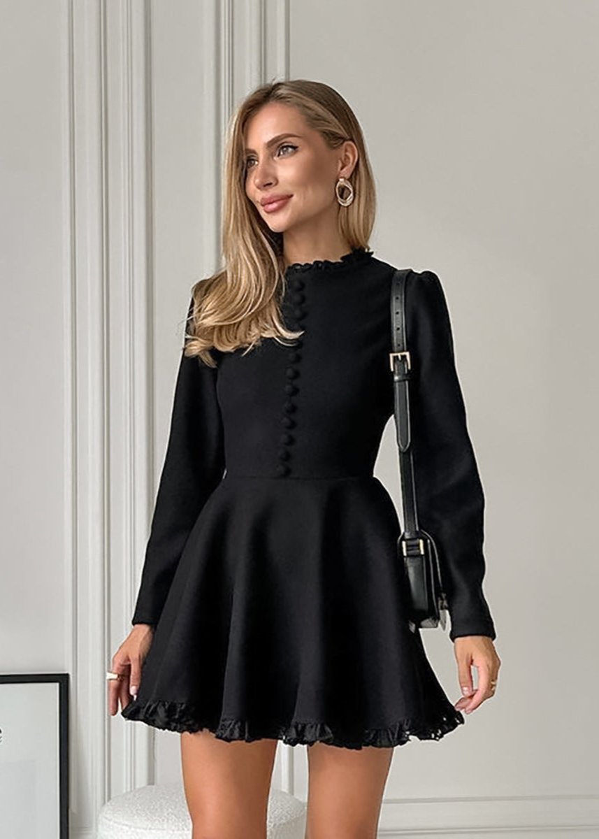 Buttoned Mini Dress High Quality Fabric Black