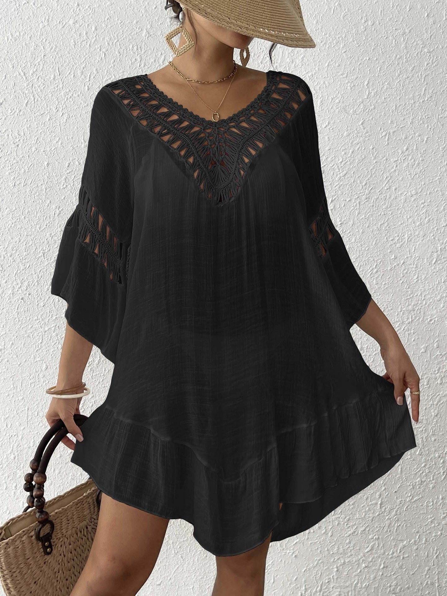 Women'S Crochet Fringe V Back Bikini Cover-Up Dress