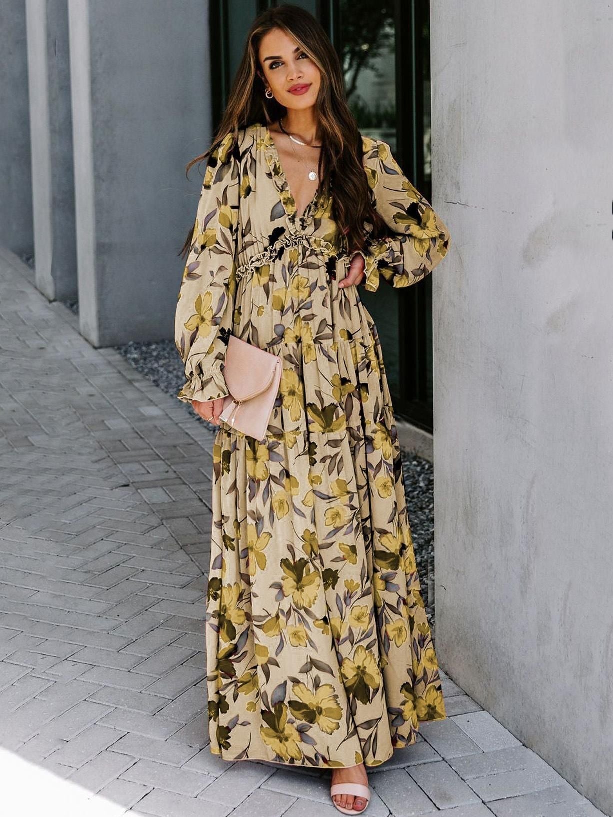 New Floral Print Long Sleeve Maxi Dress For Women