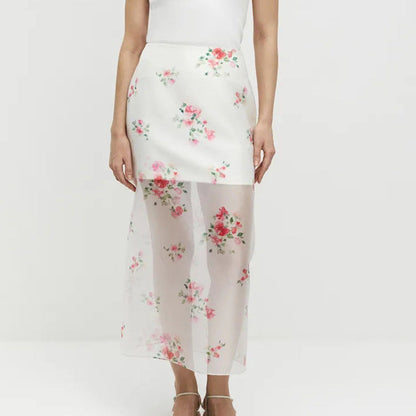 Digital Print Sheer High Waist Split Midi Skirt