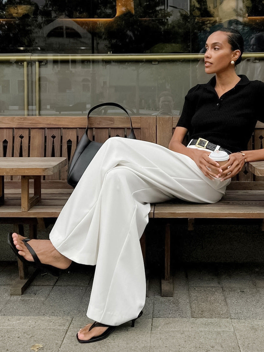 White Wide-Leg Trousers High-Waisted Chic Casual Pants