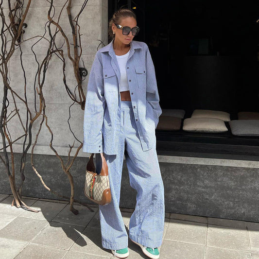 Blue Striped Collar Shirt & Loose Pants Set