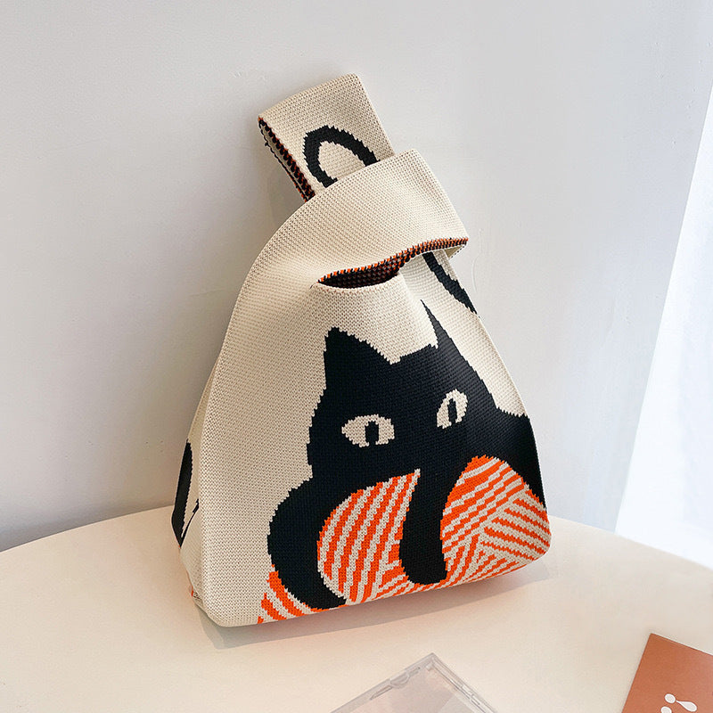 Knitted Tote Bag With Cute Designs Soft Polyester Casual