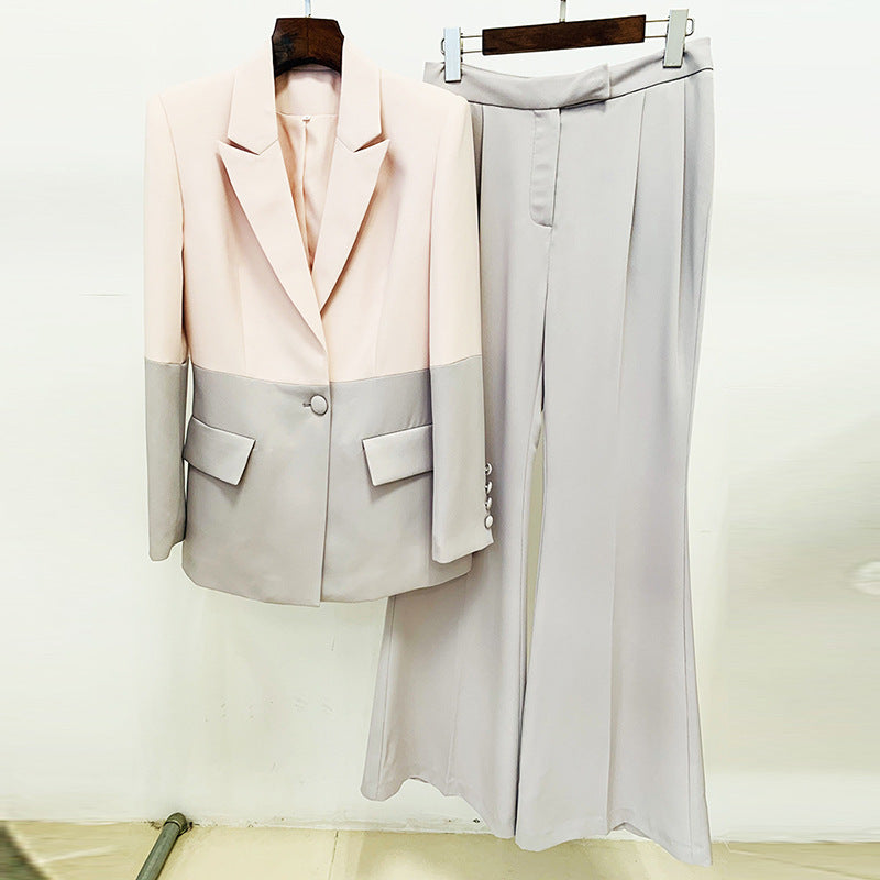 Color Block Blazer And Flare Pants Set