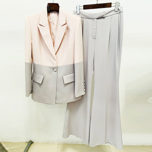 Color Block Blazer And Flare Pants Set