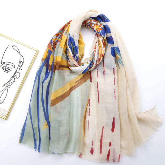 Printed Silk Scarf, Fringed Spring And Summer Scarf, Shawl