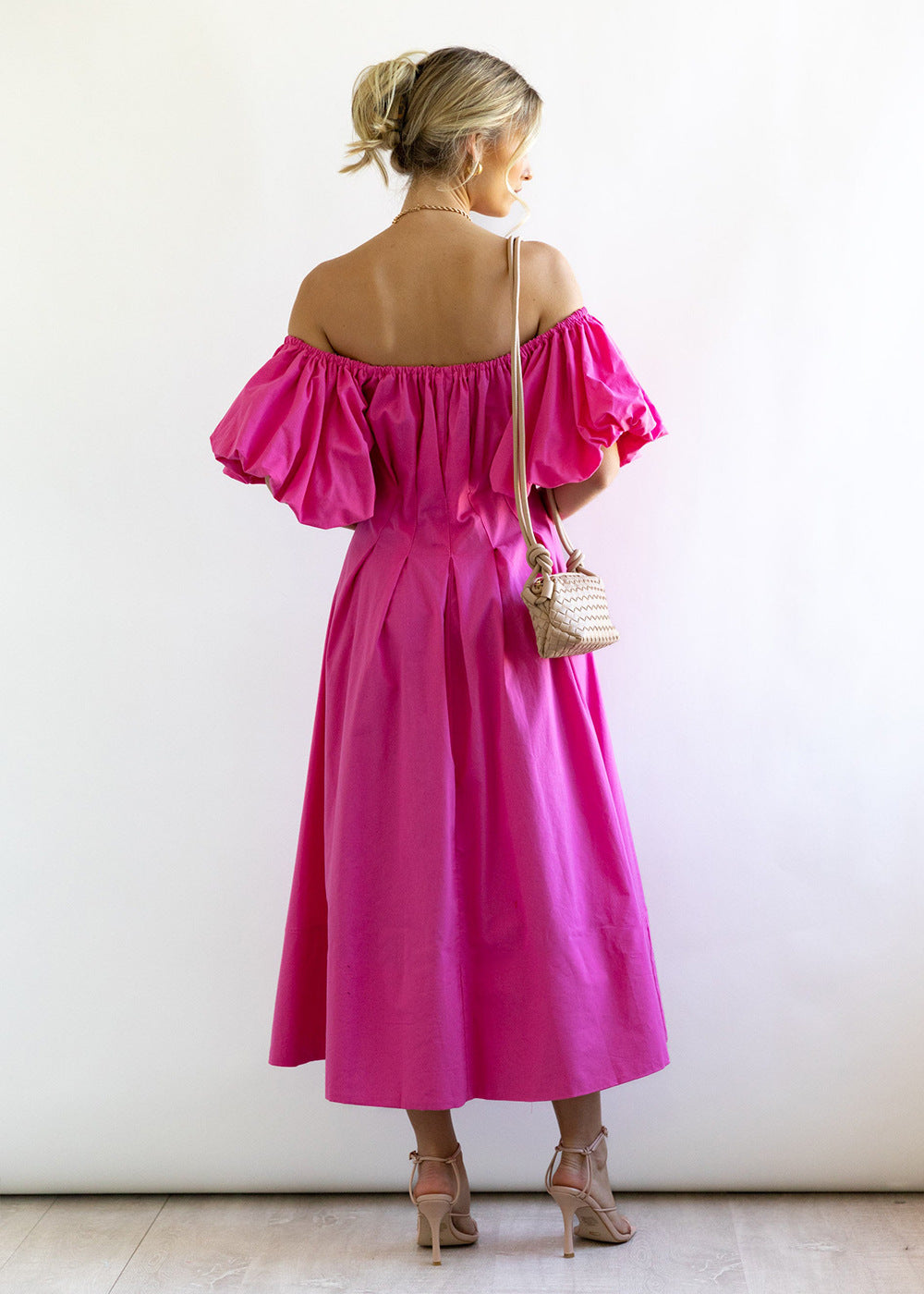 Off Shoulder Puff Sleeves Midi Dress