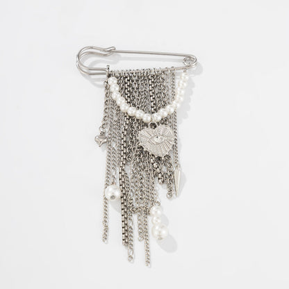 Trendy Metal Chain Tassel Brooch Pin With Stone Detail