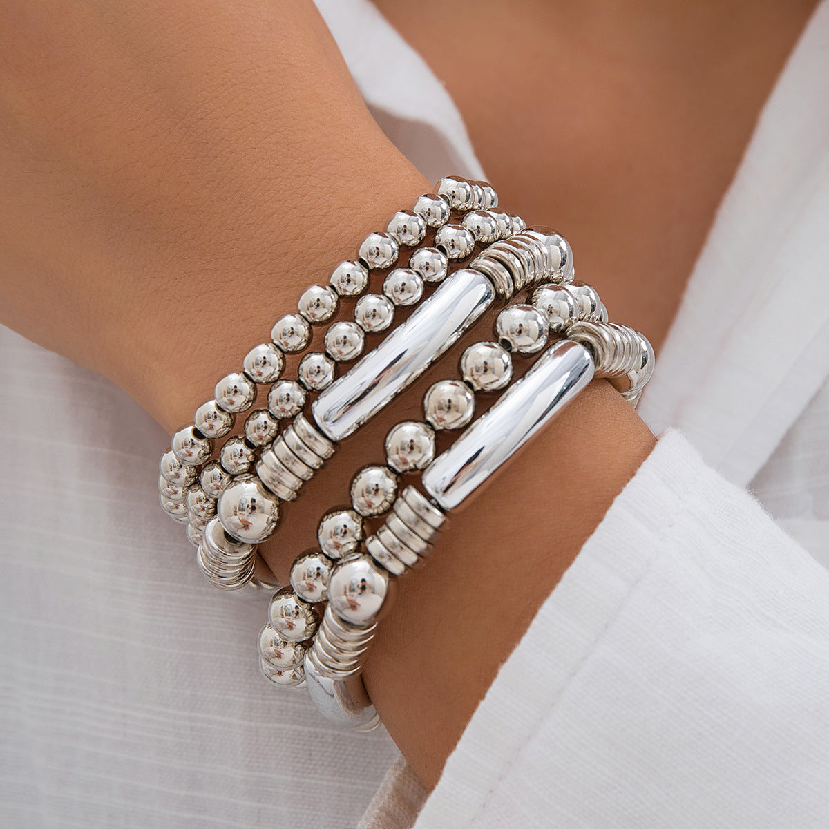 Heart-Shaped Metal Pendant Bead Bracelet Set Stylish Chunky Chain Bracelet For Women