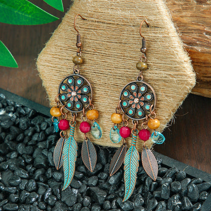 Bohemian Leaf Tassel Earrings Metal Leather Drop Dangle