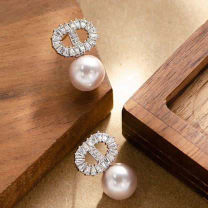 Elegant Cd Letter Pearl Stud Earrings With Rhinestones