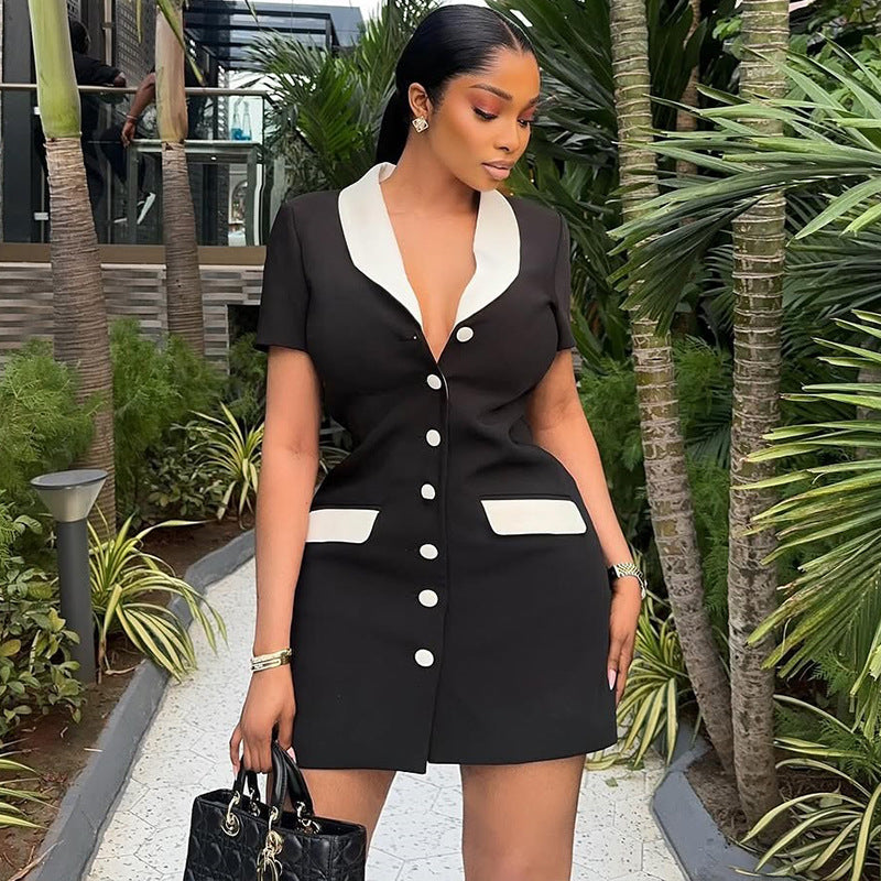 Trendy Black And White Color Block Slim Fit Blazer Dress