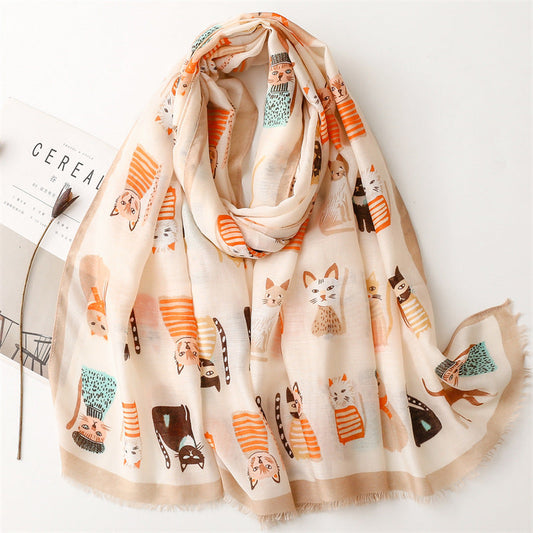 Spring And Autumn Sunscreen Cute Cat Paradise Printed Silk Scarf Satin Cotton Long Scarf