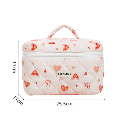 Cute Heart Print Cotton Quilted Cosmetic Bag