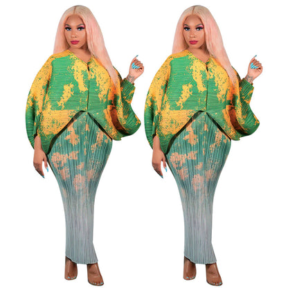 Fashion Batwing Sleeve Printed V-Neck Dress