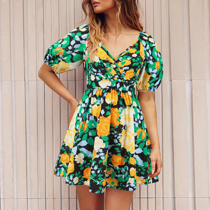 Women‘S Wear Summer New V-Neck Printed Beach Lantern Sleeve Short Dress