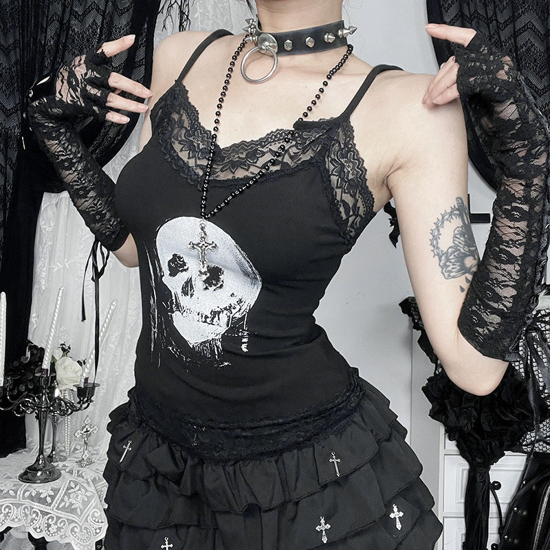 Skull Print Lace Trim Camisole Top for Casual Wear