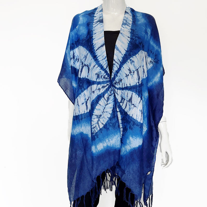 New Tie Dyed Ethnic Style Shawl Women'S Summer Sunscreen Beach Scarf Cotton And Hemp Scarf Cloak
