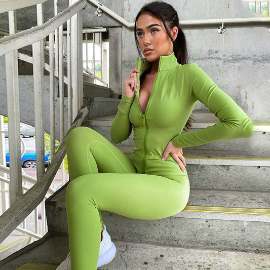 Solid Color Zip-Up Athletic Jacket With Long Pants Set