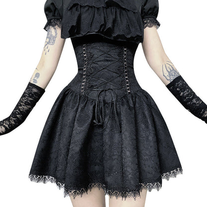 Lace-Up Black Pleated Skirt Comfortable Chic Dress