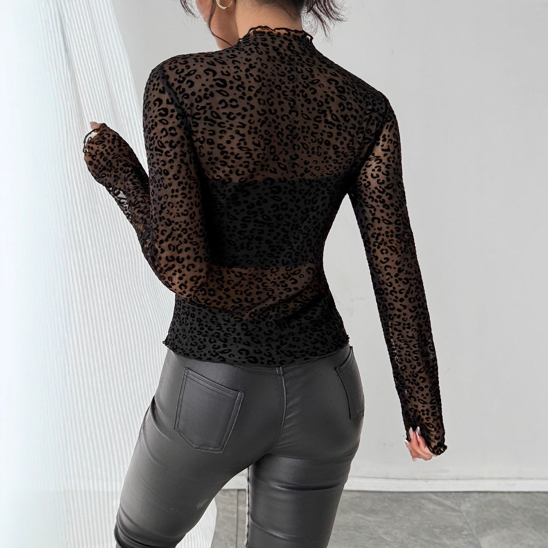 Trendy Mock Neck Mesh Slim Blouse