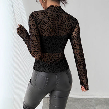 Trendy Mock Neck Mesh Slim Blouse