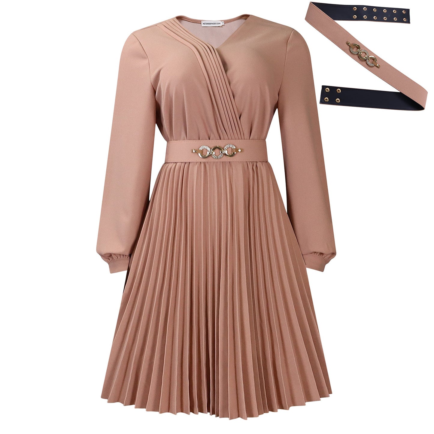 Elegant V-Neck Pleated Midi Dress With Belt