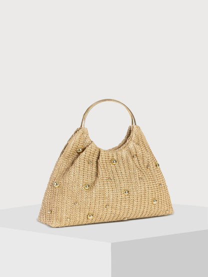 Straw Metal Handle Tote Handbag