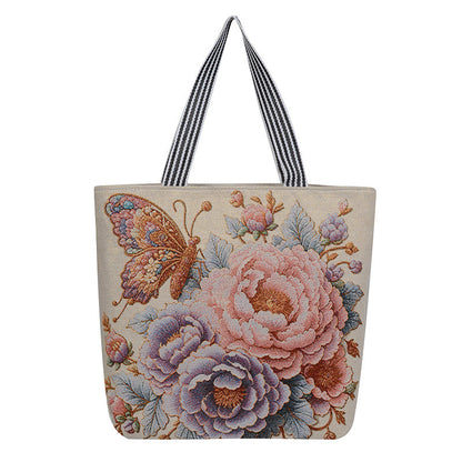 Embroidered Canvas Tote Bag with Floral Patterns