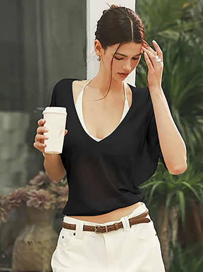 Sheer Long Sleeve Top for Women with Waist Tie