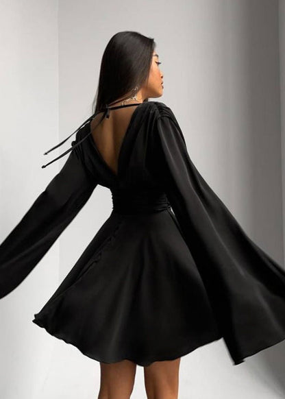 Satin Mini Dress With Bell Sleeves And V Neckline